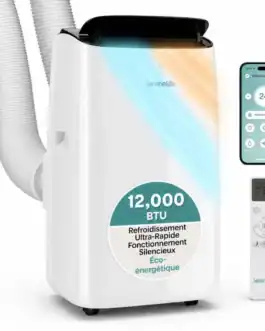 Climatiseur mobile SereneLife 12000 BTU avec télécommande et application WiFi, silencieux, écoénergétique, idéal pour rafraîchir une pièce rapidement.