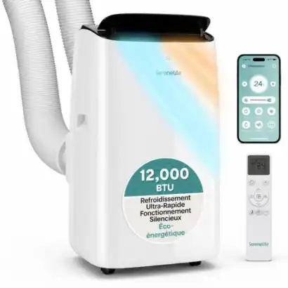 Climatiseur mobile SereneLife 12000 BTU avec t&eacute;l&eacute;commande et application WiFi, silencieux, &eacute;co&eacute;nerg&eacute;tique, id&eacute;al pour rafra&icirc;chir une pi&egrave;ce rapidement.