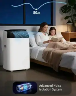Climatiseur mobile 14000 BTU 3-en-1 avec télécommande dans une chambre moderne, silencieux à 50 dB, système avancé d'isolation phonique pour un confort optimal.