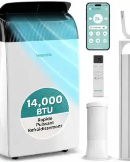 Climatiseur mobile SereneLife 14000 BTU 4-en-1 WiFi avec télécommande et accessoires pour refroidissement efficace.