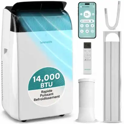 Climatiseur mobile SereneLife 14000 BTU 4-en-1 WiFi avec t&eacute;l&eacute;commande et accessoires pour refroidissement efficace.
