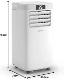 Climatiseur mobile blanc avec écran digital et télécommande, dimensions 70.5cm x 35cm x 35.3cm, idéal pour rafraîchir votre intérieur.