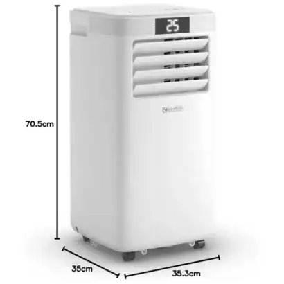 Climatiseur mobile blanc avec &eacute;cran digital et t&eacute;l&eacute;commande, dimensions 70.5cm x 35cm x 35.3cm, id&eacute;al pour rafra&icirc;chir votre int&eacute;rieur.