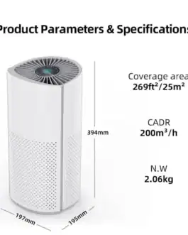 Purificateur d’air Homintell avec filtre HEPA H13, contrôle Wi-Fi, silencieux, adapté jusqu’à 25 m², design moderne blanc.