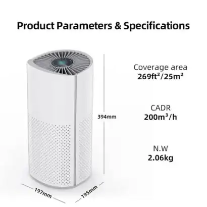Purificateur d&rsquo;air Homintell avec filtre HEPA H13, contr&ocirc;le Wi-Fi, silencieux, adapt&eacute; jusqu&rsquo;&agrave; 25 m&sup2;, design moderne blanc.