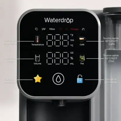 Panneau de contr&ocirc;le du syst&egrave;me d'osmose inverse Waterdrop M6HG avec affichage num&eacute;rique et boutons de r&eacute;glage.