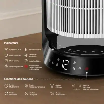 Purificateur d'air Diproclean avec &eacute;cran digital et commandes tactiles, id&eacute;al pour une purification efficace de l'air int&eacute;rieur.