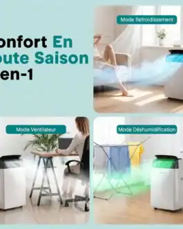 Climatiseur mobile 3-en-1 WiFi pour confort toute l'année, mode refroidissement, ventilation et déshumidification.
