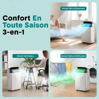 Climatiseur mobile 3-en-1 WiFi pour confort toute l'ann&eacute;e, mode refroidissement, ventilation et d&eacute;shumidification.