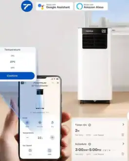 Climatiseur mobile 9000 BTU avec télécommande, Wi-Fi, silencieux 47 dB, contrôle via smartphone, adapté pour refroidir et déshumidifier.