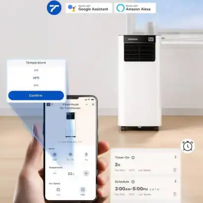 Climatiseur mobile 9000 BTU avec t&eacute;l&eacute;commande, Wi-Fi, silencieux 47 dB, contr&ocirc;le via smartphone, adapt&eacute; pour refroidir et d&eacute;shumidifier.