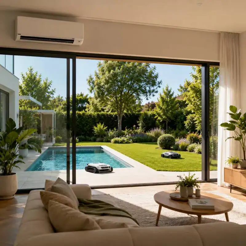 Intérieur sain avec purificateur d’air, climatisation, contrôle intelligent et ouverture sur un jardin avec piscine