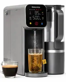 Distributeur d'eau Waterdrop avec écran tactile, idéal pour café et thé, offrant une eau filtrée à 85°C, capacité de 500 ml, design moderne en acier inoxydable.