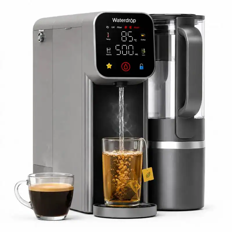 Distributeur d'eau Waterdrop pour café et thé - Boutique Diproclean Distributeur d'eau Waterdrop avec écran tactile, idéal pour café et thé, offrant une eau filtrée à 85°C, capacité de 500 ml, design moderne en acier inoxydable.