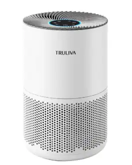 Purificateur d'air TRULIVA avec filtre HEPA, mode sommeil, minuterie 24h, capteur de qualit&eacute; de l'air, design moderne blanc.
