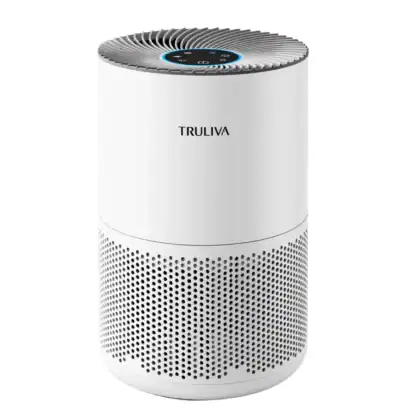 Purificateur d'air TRULIVA avec filtre HEPA, mode sommeil, minuterie 24h, capteur de qualit&eacute; de l'air, design moderne blanc.