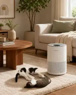 Purificateur d'air moderne dans un salon lumineux avec deux chats jouant sur un tapis beige.
