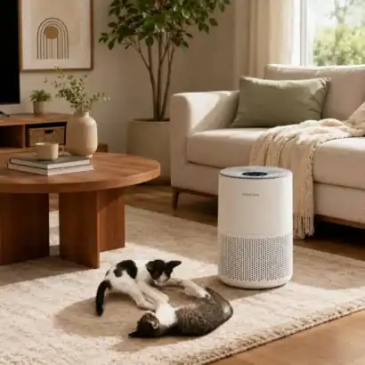 Purificateur d'air moderne dans un salon lumineux avec deux chats jouant sur un tapis beige.