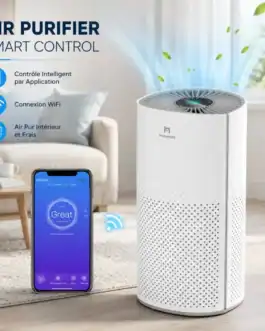 Purificateur d’air intelligent Homintell avec contrôle Wi-Fi et filtre HEPA H13, silencieux, adapté jusqu’à 25 m², idéal pour un air intérieur frais et pur.