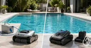 Nettoyage de piscine professionnel Diproclean - Boutique Diproclean Robot de nettoyage de piscine électrique avec filtre, idéal pour l'entretien de piscines résidentielles et commerciales, présenté sur le bord de la piscine.