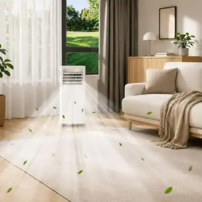 Climatiseur mobile Diproclean dans un salon moderne avec vue sur le jardin, offrant une fra&icirc;cheur efficace et un design &eacute;l&eacute;gant.