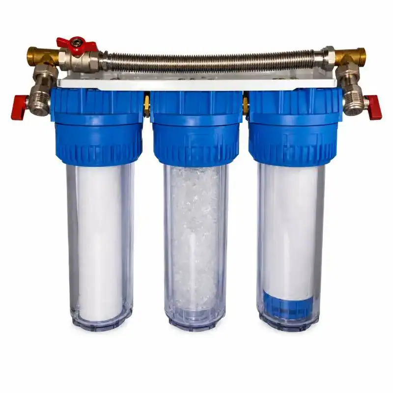 Filtration triple pour eau - Boutique Diproclean Filtration triple avec filtres à charbon actif, sédiment et calcaire, idéal pour purification d'eau avec bypass.