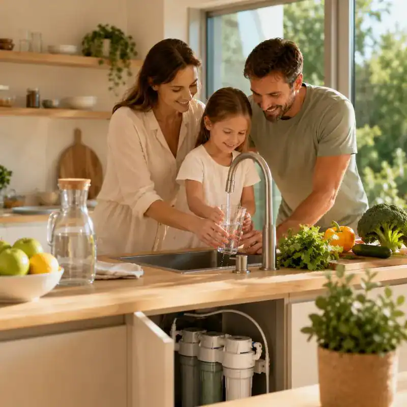 Famille utilisant une eau filtrée dans une cuisine moderne