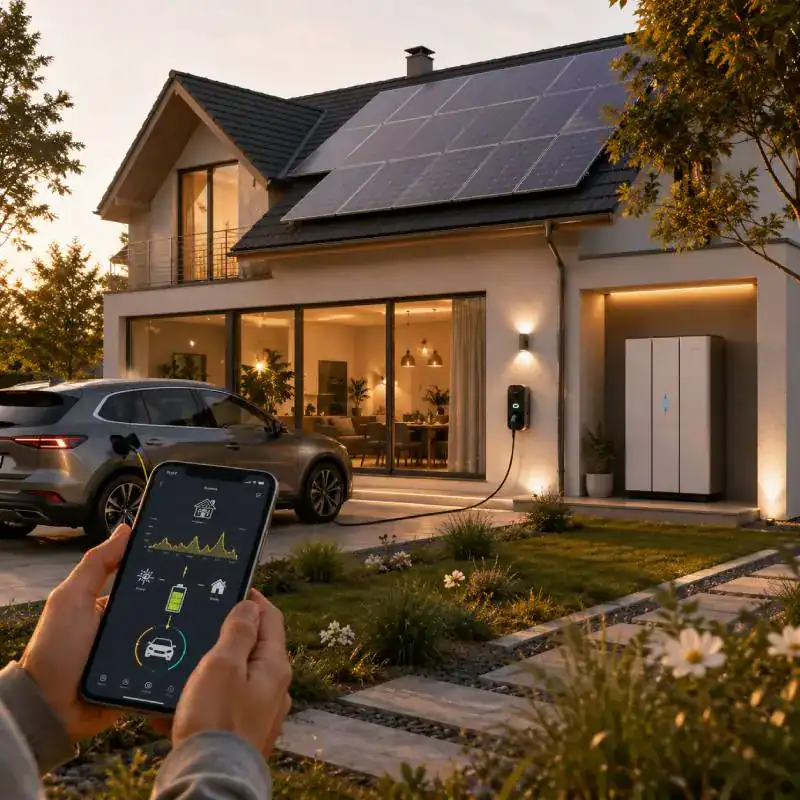 Maison équipée de panneaux solaires, batterie domestique et borne de recharge pour voiture électrique