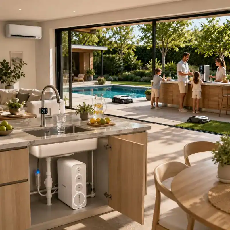 Maison moderne équipée de solutions de filtration de l’eau, de climatisation, d’énergie solaire et de recharge électrique