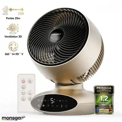 Ventilateur pliable AIRMATE avec t&eacute;l&eacute;commande, 8 vitesses, silencieux &agrave; 32 dB, port&eacute;e 25m, ventilation 3D, rotation 360&deg;.