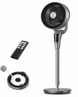 Ventilateur sur pied Dreo silencieux avec télécommande, idéal pour chambre et salon, faible bruit 20 dB, design moderne et compact.