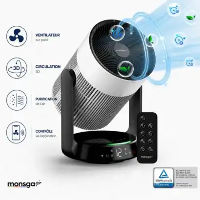 ventilateur purificateur d'air Monsga AP200 avec contr&ocirc;le via application, 3D circulation, et ventilation silencieuse, id&eacute;al pour une maison saine.