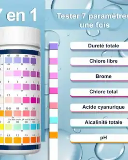 Testeur 7 en 1 pour eau de piscine et spa, mesure la duret&eacute;, chlore, brome, pH, et plus.