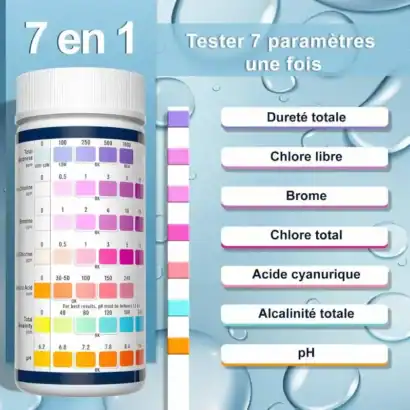 Testeur 7 en 1 pour eau de piscine et spa, mesure la duret&eacute;, chlore, brome, pH, et plus.