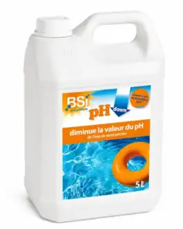 Bidon de 5L de liquide pH Moins BSI pour piscine, stabilise et diminue le pH de l'eau.