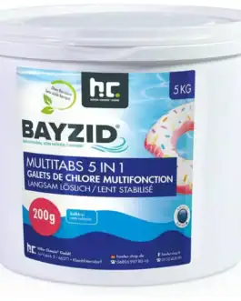 Seau de 5 kg de galets de chlore multifonction 5 en 1 pour piscine, régulation pH, désinfection, anti-algues, anti-calcaire.
