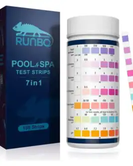Testeur de bandelettes pour eau de piscine et spa RUNBO 7 en 1 avec 150 strips, bo&icirc;te et bandelette de test.