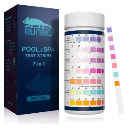 Testeur de bandelettes pour eau de piscine et spa RUNBO 7 en 1 avec 150 strips, bo&icirc;te et bandelette de test.