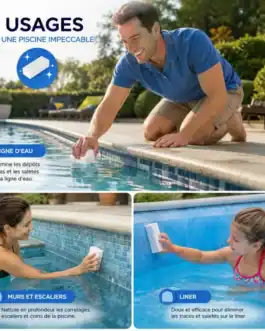 Homme nettoyant le bord de la piscine, femme nettoyant le mur, enfant nettoyant le liner, tous utilisant la gomme sp&eacute;ciale pour la ligne d'eau.