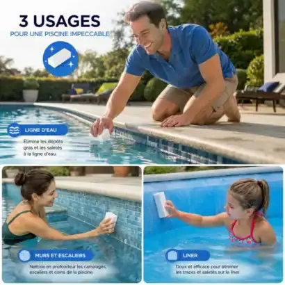Homme nettoyant le bord de la piscine, femme nettoyant le mur, enfant nettoyant le liner, tous utilisant la gomme sp&eacute;ciale pour la ligne d'eau.