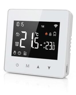 Thermostat connecté avec écran tactile affichant la température intérieure et les réglages de chauffage, idéal pour la gestion de la température domestique.