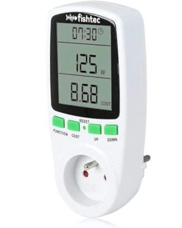 Prise électrique intelligente avec écran LCD affichant la consommation d'énergie en watts et le coût en euros, idéale pour la gestion énergétique.