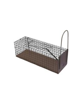 Panier piège métallique à mailles pour fête ou événement, enterré ou posé, avec poignée en métal et fond brun.