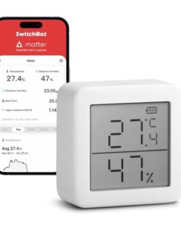 Thermomètre connecté avec affichage numérique et application mobile pour la surveillance de la température et de l'humidité.
