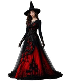 Robe de sorcière longue noire avec détails rouges et motifs gothiques, chapeau pointu et voile sur fond blanc, style Halloween élégant.