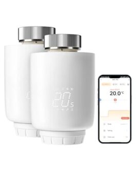 Deux thermostats connectés avec écran digital et application mobile pour contrôle à distance du chauffage.
