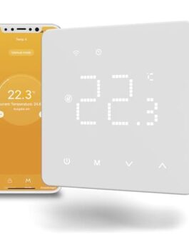 Thermostat intelligent avec écran LED numérique et application mobile pour contrôle à distance.