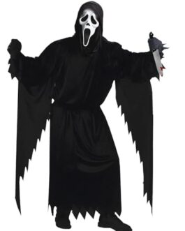 Personnage en costume noir avec masque blanc façon Scream, cape ancienne et couteau brandi.