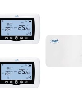 Deux thermostats numériques pour contrôle de température avec écran LCD et un module de contrôle central pour systèmes de chauffage.
