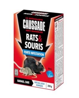 Gel anti-nuisibles pour rongeurs et insectes, boîte rouge avec images de rats et souris et symbole danger, référence 300 g.